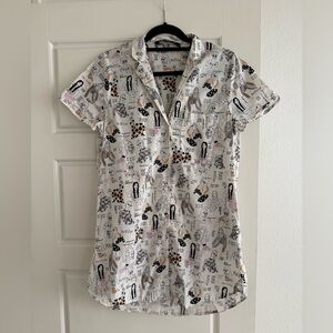 Zara White Collared Button Down Short Sleeve Mini Short Dress Graphic Print XS